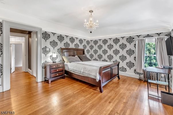 Bedroom, Chandelier, Interior, Wood Texture Flooring