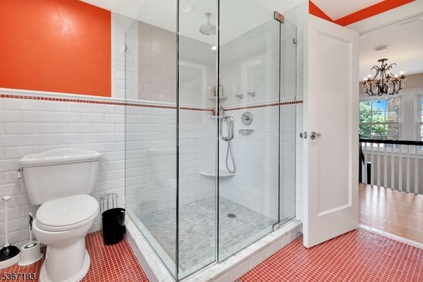 Bathroom, Chandelier, Glass Shower, Interior, Wood Texture Flooring