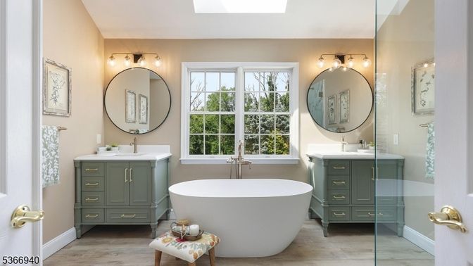 Bathroom, Dual Sink Vanities, Free Standing Baths, Interior, Wood Texture Flooring