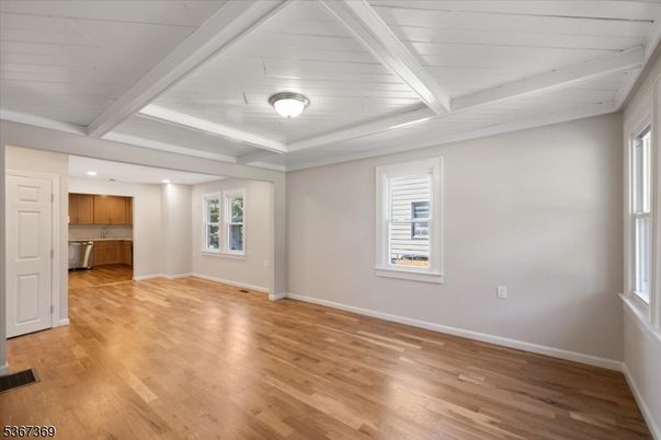 Empty room, Interior, Kitchen, Recessed Lighting, Wood Texture Flooring