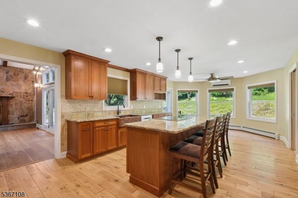Interior, Kitchen, Pendant Lights, Recessed Lighting, Stone Walls, Wood Texture Flooring
