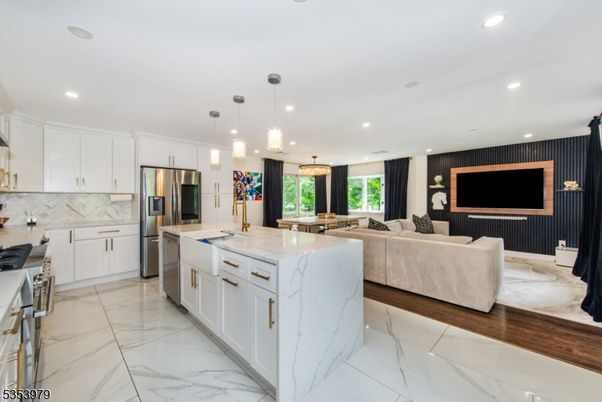 Dining room, Interior, Kitchen, Living room, Marble, Pendant Lights, Recessed Lighting, Stainless Steel Appliances