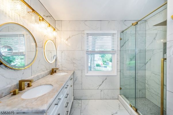 Bathroom, Dual Sink Vanities, Glass Shower, Interior, Marble, Marble Walls