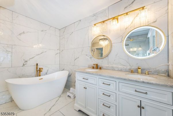 Bathroom, Dual Sink Vanities, Free Standing Baths, Interior, Marble, Marble Walls
