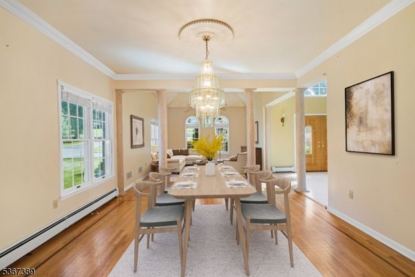 Chandelier, Dining room, Interior, Wood Texture Flooring
