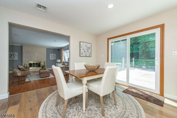 Dining room, Fireplace, Interior, Recessed Lighting, Wood Texture Flooring