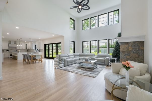 Dining room, Fireplace, Interior, Kitchen, Living room, Pendant Lights, Recessed Lighting, Wood Texture Flooring