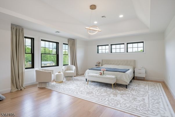 Bedroom, Interior, Pendant Lights, Recessed Lighting, Wood Texture Flooring