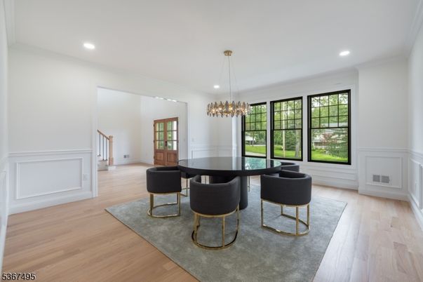 Dining room, Interior, Pendant Lights, Recessed Lighting, Wood Texture Flooring