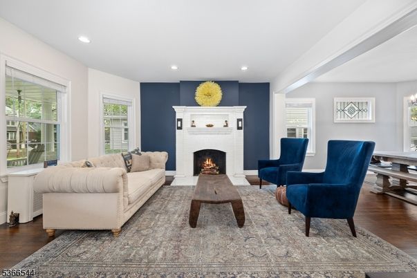 Fireplace, Interior, Living room, Recessed Lighting, Wood Texture Flooring