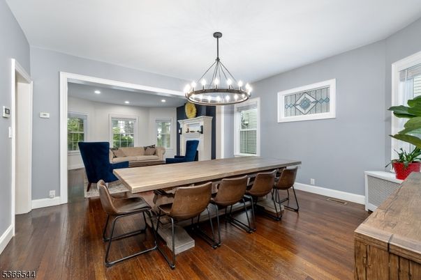 Chandelier, Dining room, Interior, Pendant Lights, Recessed Lighting, Wood Texture Flooring