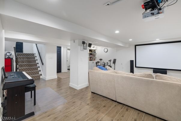 Interior, Projection Screen, Recessed Lighting, Wood Texture Flooring