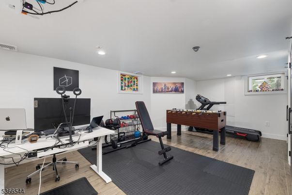 Fitness Equipment, Home Office, Interior, Recessed Lighting, Wood Texture Flooring