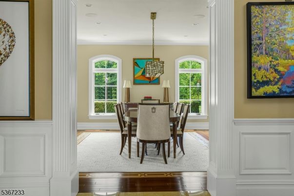 Chandelier, Dining room, Interior, Pendant Lights, Recessed Lighting, Wood Texture Flooring