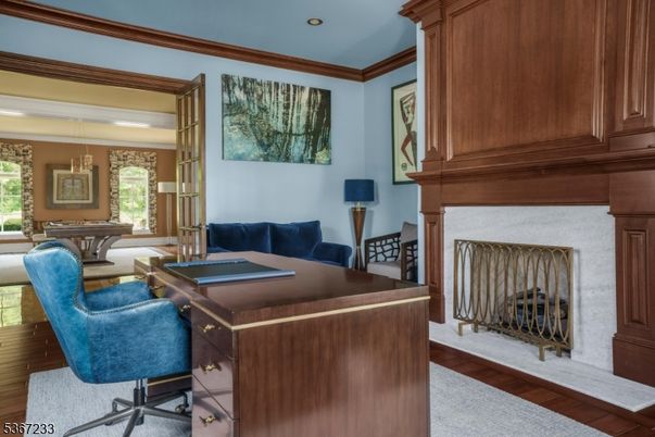 Fireplace, Home Office, Interior, Recessed Lighting, Wood Texture Flooring