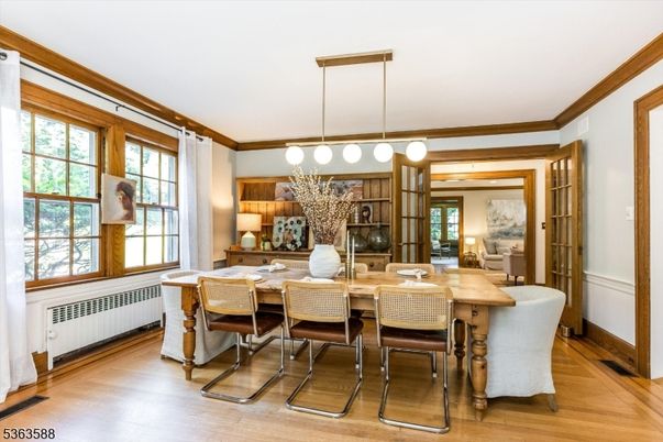 Dining room, Interior, Pendant Lights, Wood Texture Flooring
