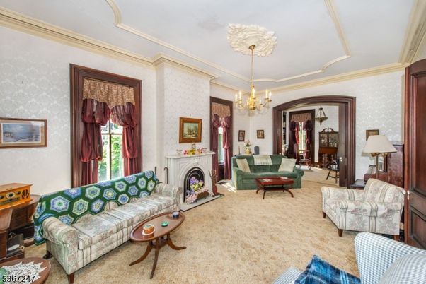 Chandelier, Fireplace, Interior, Living room
