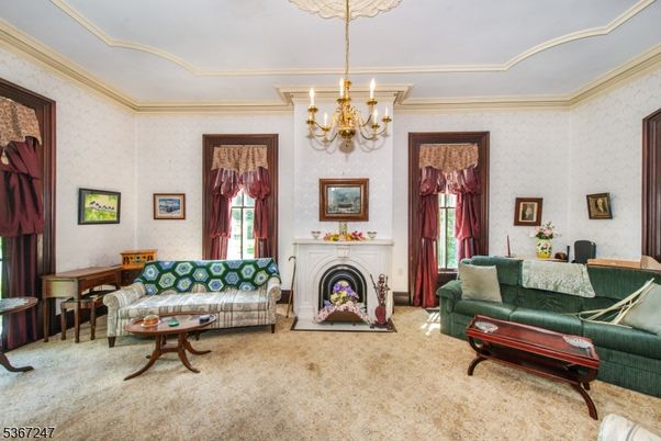 Chandelier, Fireplace, Interior, Living room