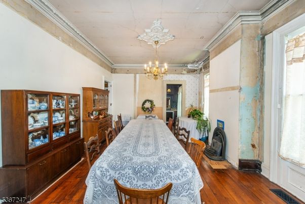 Chandelier, Dining room, Interior, Wood Texture Flooring