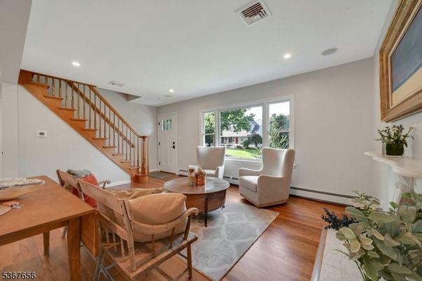 Dining room, Interior, Living room, Recessed Lighting, Wood Texture Flooring