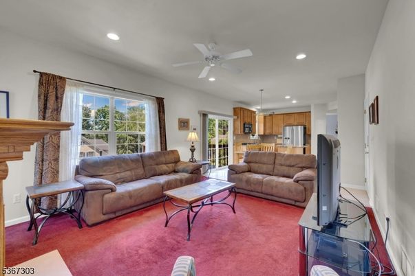 Fireplace, Interior, Kitchen, Living room, Recessed Lighting, Stainless Steel Appliances