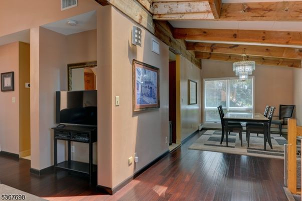 Chandelier, Dining room, Interior, Wooden Beams, Wooden Ceilings, Wood Texture Flooring