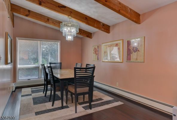 Chandelier, Dining room, Interior, Wooden Beams, Wood Texture Flooring