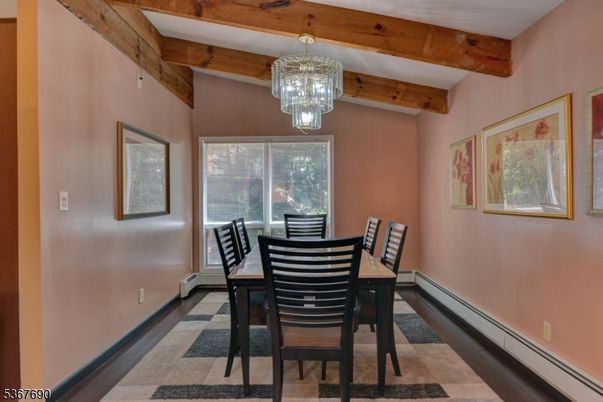 Chandelier, Dining room, Interior, Wooden Beams