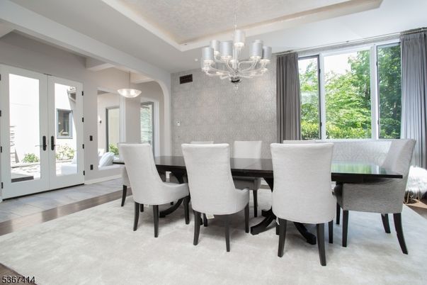 Chandelier, Dining room, Interior, Pendant Lights, Wood Texture Flooring