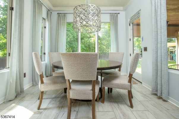 Dining room, Interior, Pendant Lights, Wood Texture Flooring