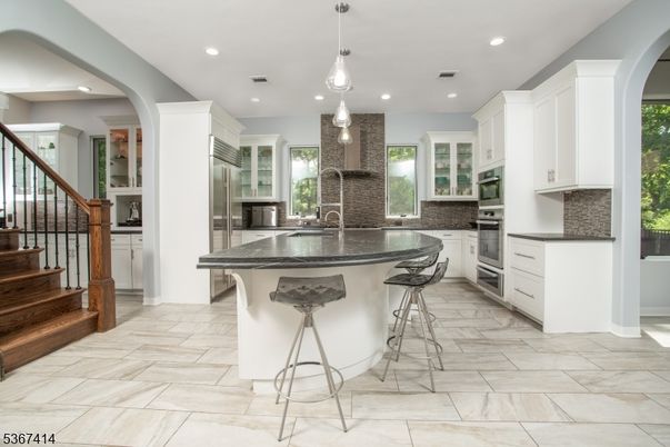 Interior, Kitchen, Marble, Pendant Lights, Recessed Lighting, Stainless Steel Appliances