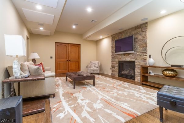 Fireplace, Interior, Recessed Lighting, Stone Walls