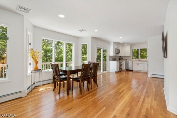 Dining room, Interior, Kitchen, Recessed Lighting, Wood Texture Flooring