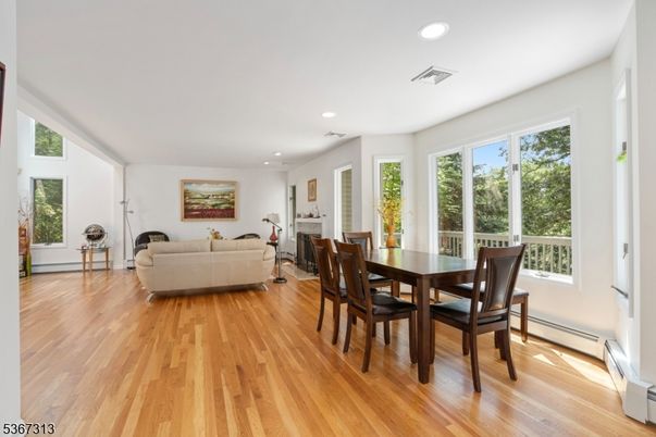 Dining room, Interior, Living room, Recessed Lighting, Wood Texture Flooring