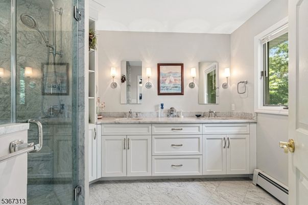 Bathroom, Dual Sink Vanities, Glass Shower, Interior, Marble, Marble Walls