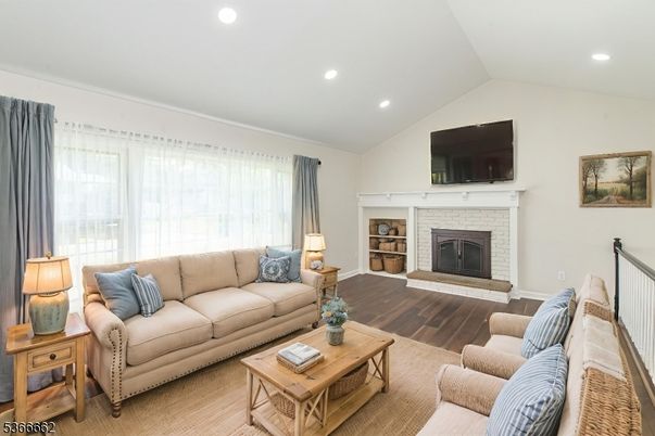 Fireplace, Interior, Living room, Recessed Lighting, Wood Texture Flooring