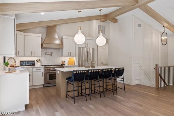 Interior, Kitchen, Pendant Lights, Recessed Lighting, Stainless Steel Appliances, Wooden Beams, Wood Texture Flooring
