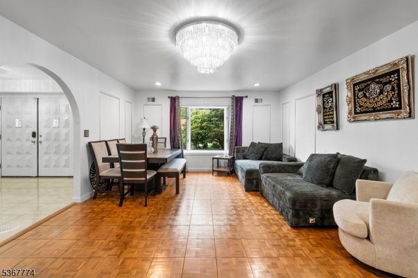 Chandelier, Dining room, Interior, Living room, Recessed Lighting, Wood Texture Flooring