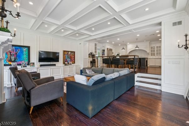 Fireplace, Interior, Kitchen, Living room, Pendant Lights, Recessed Lighting, Stainless Steel Appliances, Wood Texture Flooring