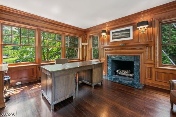 Fireplace, Home Office, Interior, Wood Texture Flooring, Wooden Walls