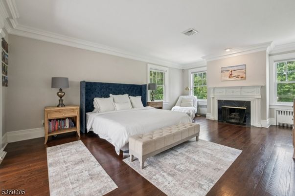 Bedroom, Fireplace, Interior, Recessed Lighting, Wood Texture Flooring