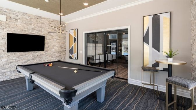 Billiard Table, Game Room, Interior, Pendant Lights, Recessed Lighting, Stone Walls, Wood Texture Flooring