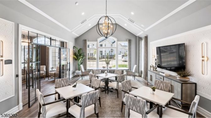 Chandelier, Dining room, Interior, Recessed Lighting, Wood Texture Flooring