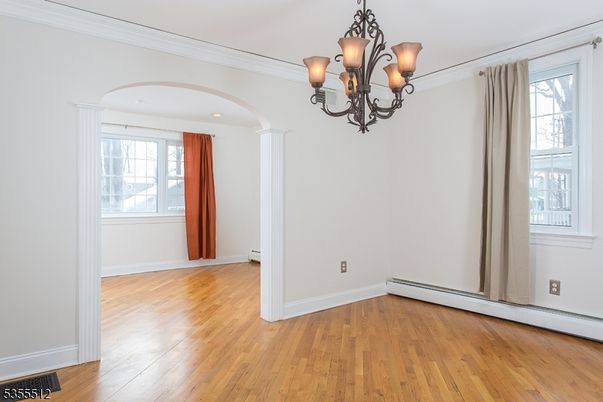 Chandelier, Empty room, Interior, Recessed Lighting, Wood Texture Flooring