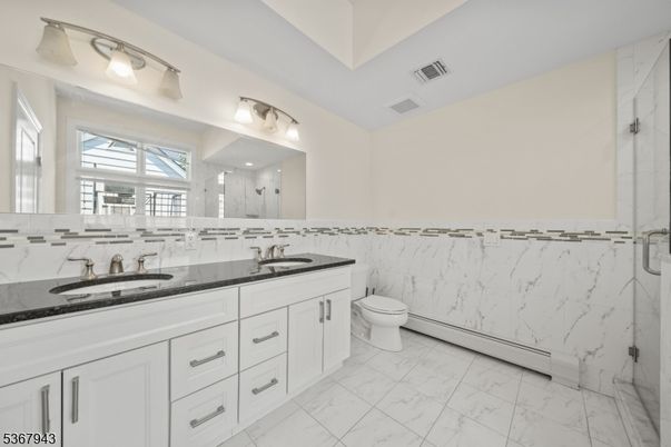 Bathroom, Dual Sink Vanities, Glass Shower, Interior, Marble, Marble Walls