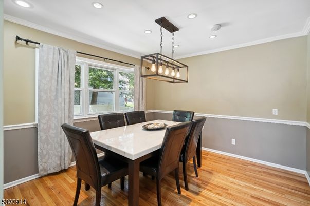 Dining room, Interior, Pendant Lights, Recessed Lighting, Wood Texture Flooring