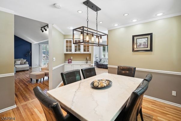 Dining room, Interior, Pendant Lights, Recessed Lighting, Wood Texture Flooring
