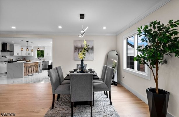 Dining room, Interior, Kitchen, Pendant Lights, Recessed Lighting, Wood Texture Flooring