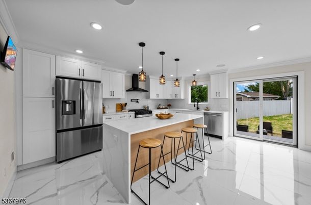 Interior, Kitchen, Marble, Pendant Lights, Recessed Lighting, Stainless Steel Appliances