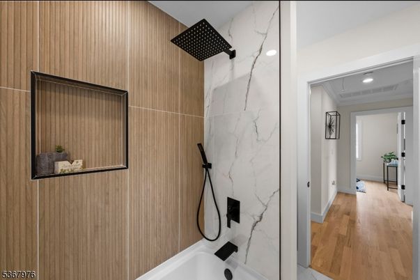 Bathroom, Interior, Marble Walls, Recessed Lighting, Wood Texture Flooring